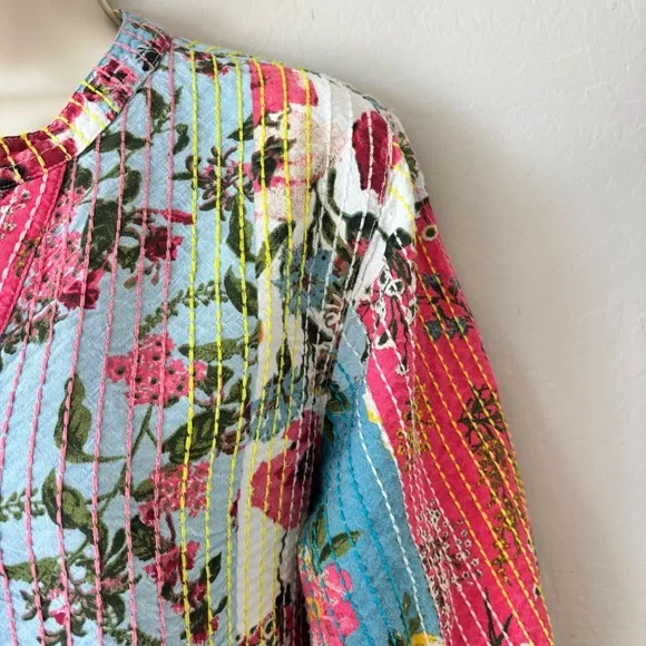 John Mark Multicolor patchwork kantha style Floral split neck 3/4 Sleeve Top - Picture 7 of 14